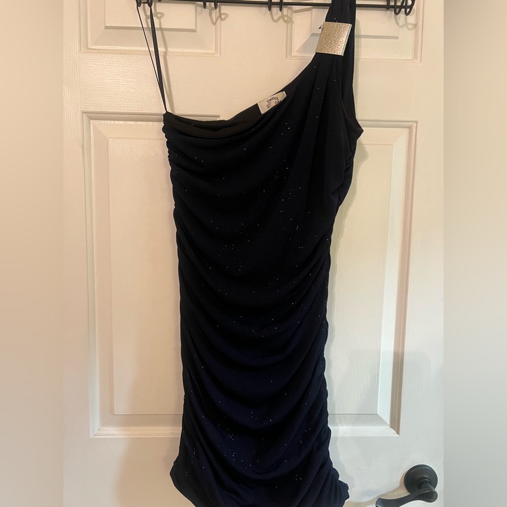 Very cute navy colored sparkly one shoulder spandex dress
